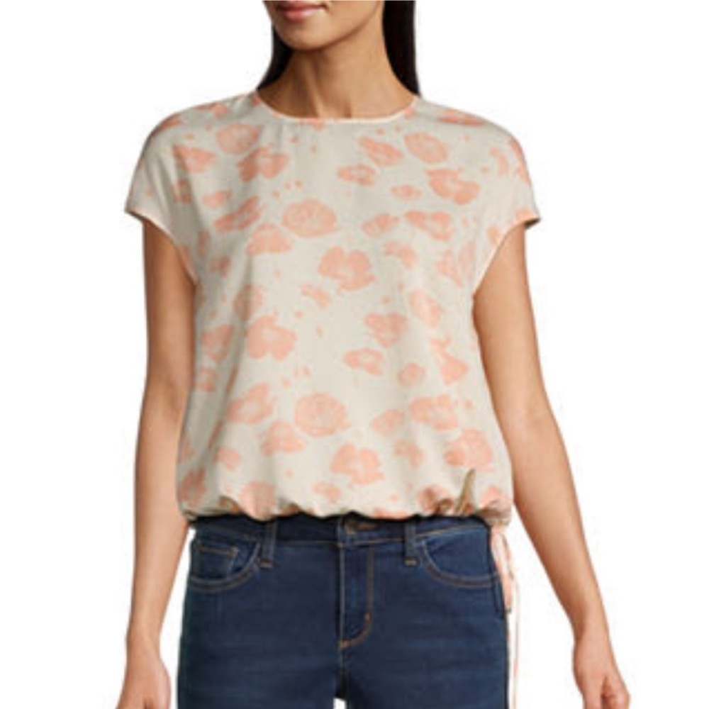 Worthington Women’s Round Neck Short Sleeve Floral Tie Waist Blouse Size XXL
